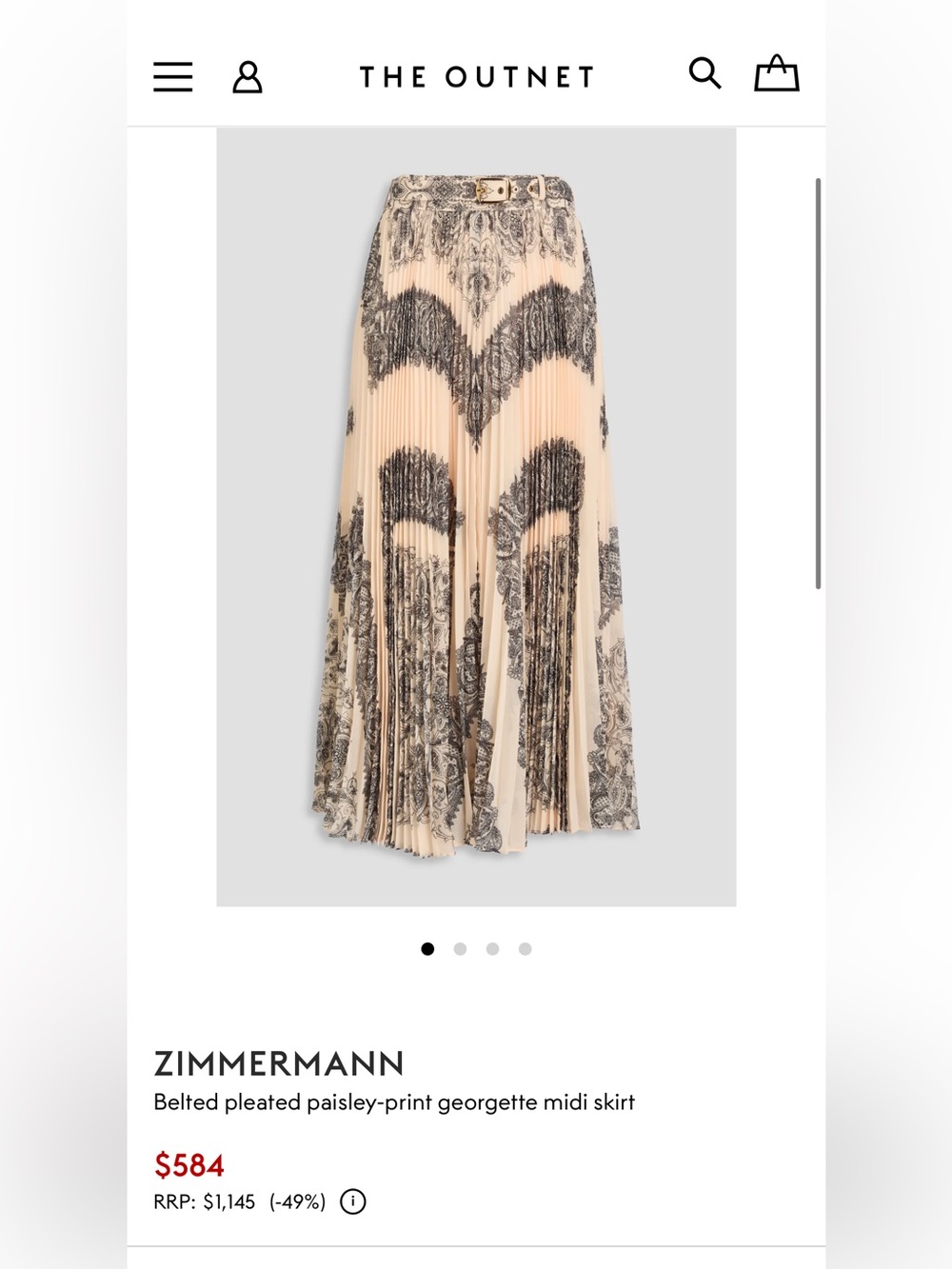 Zimmermann Cream and Black Paisley-Pleated Georgette Midi Skirt with Belt